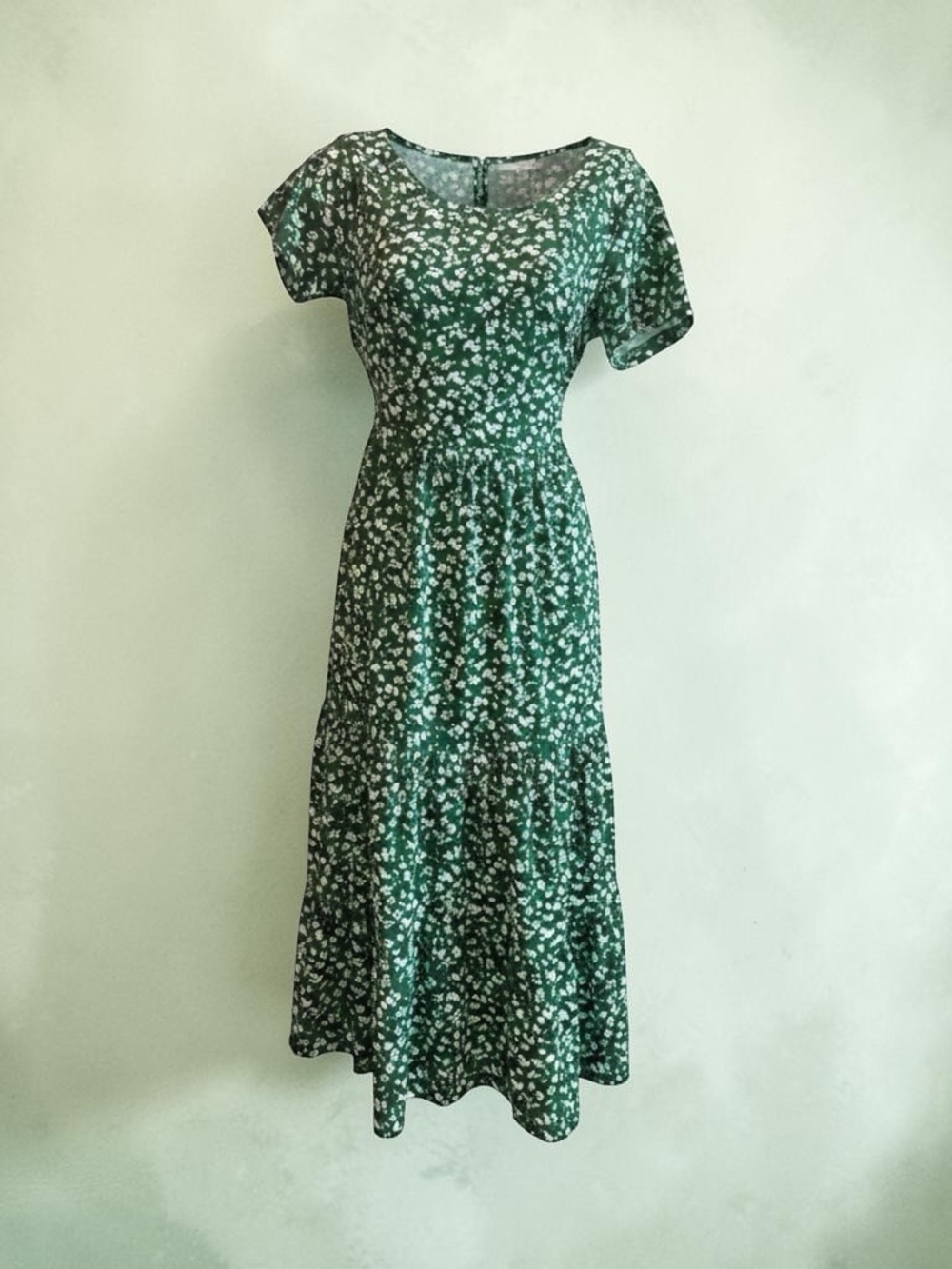 Lyrur Green Floral Short-Sleeve Midi Dress – Side Pockets | NWOT